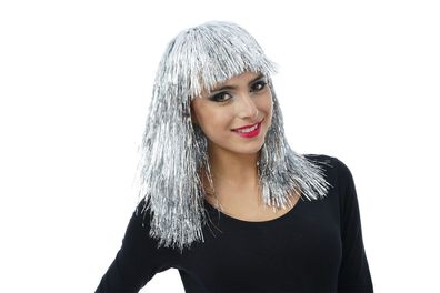 Glitzer Perücke silber Disko Space Lametta Tinsel Wig Karneval Fasching