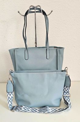 2 teiliges Taschenset Shopper & Cross Body Bag Bauchtasche bunter Gurt Hellblau