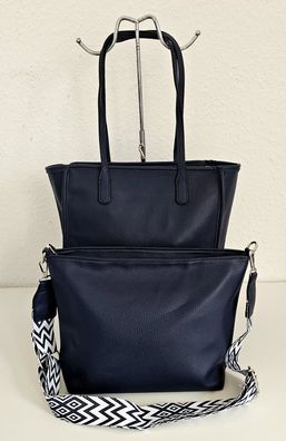 2 teiliges Taschenset Shopper & Cross Body Bag Bauchtasche bunter Gurt Dunkelblau