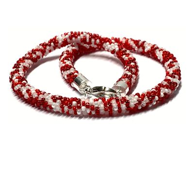 Kette 925 Silber Verschluß Glasperlen Häkelkette weiß rot Handarbeit Unikatschmuck