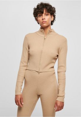 Urban Classics Damen Strickjacke Ladies Cropped Rib Knit Zip Cardigan Unionbeige