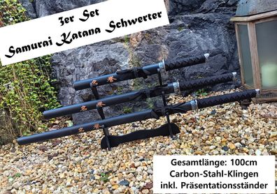 NEU 3er Set Samurai Katana Schwerter black 100cm + 77cm + 52cm für Cosplay Deko