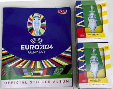 2x Topps Official EURO 2024 Collection Tin Dose 18 Tüten = 108 Sticker + Album