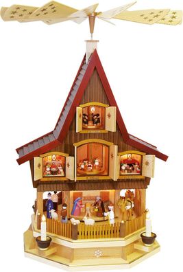 Richard Glaesser Pyramide Adventshaus mit Heiliger Familie, elektrisch, Erzgebirge