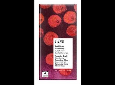 Vivani Edel Bitter Cranberry Schokolade 70% Cacao Santo Domingo 100g