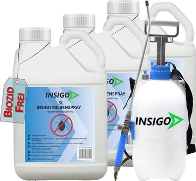 INSIGO 3x5L + 5L Sprüher Milbenspray Antimilbenmittel Milbenschutz Hausstaubmilben