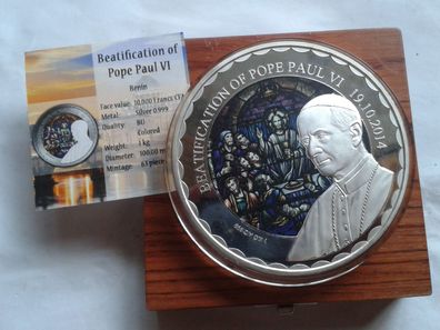 Original 10000 Francs 2014 Benin Seligsprechung Papst Paul VI. 1kg Silber 999er Color