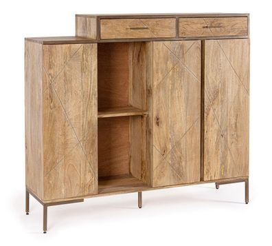 Highboard Jaidev 145x40x132cm Mango-Holz mit Metallgestell 3türig und Schubladen