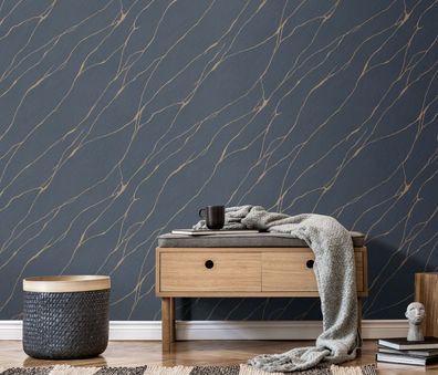 Vliestapete feine Risse im Gestein Optik blau gold metallic 10440-08