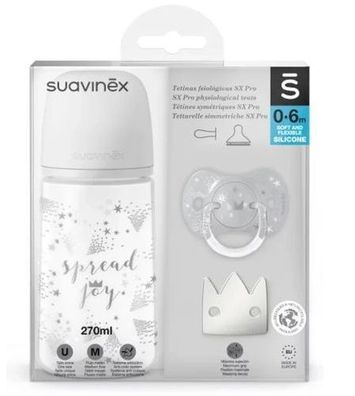 Suavinex Babyflaschen-Set, 270 ml, mit Schnuller und Clip - Graue Krone, fuer 0-6