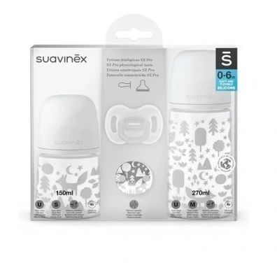 Suavinex Babypflege-Set mit Flaschen, Schnuller & Clip, Grau, 0-6 Monate, Komple