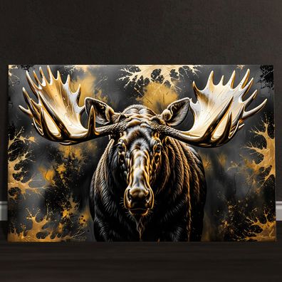 Abstrakter Goldener Tier Elch mit Hörnern, Wandbild Kunst Leinwand, Acrylglas, Poster