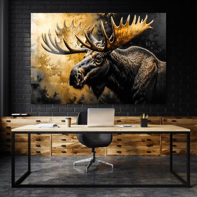 Tier Abstrakter Goldener Elch mit Hörnern, Wandbild Kunst Leinwand, Acrylglas, Poster