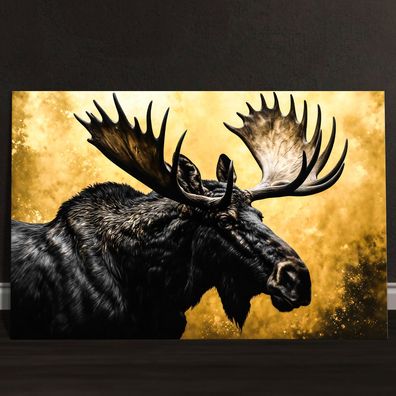 Abstrakter Tier Goldener Elch mit Hörnern, Wandbild Kunst Leinwand, Acrylglas, Poster