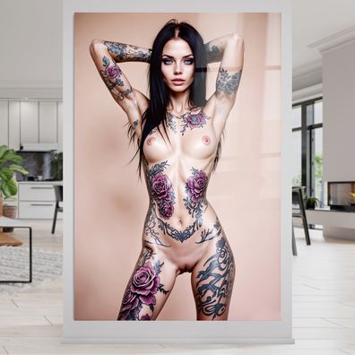 Nackte Frau mit Tattoos, Erotisches Kunst, Wandbild Leinwand, Acrylglas, Poster