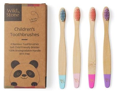 Wild & Stone Nachhaltiges 4-teiliges Kinder Zahnbuersten Set - Umweltfreundliche