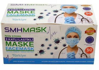 Dreilagige Einweg-Gesichtsmaske mit Gummibaendern - 50 Stueck Packung