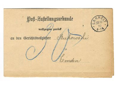 Landpoststempel Larrelt-Emden auf Postzustellungsurkunde vom 20.10.1892