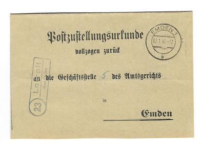 Landpoststempel 23 Larrelt über Emden auf Postzustellungsurkunde vom 02.01.46
