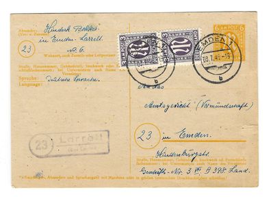 Landpoststempel 23 Larrelt über Emden auf Postkarte vom 08.07.46