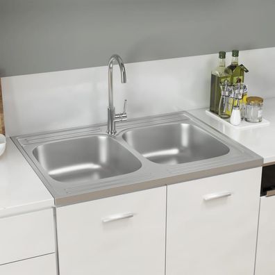 vidaXL Doppelspüle Silbern 800x600x155 mm Edelstahl