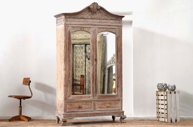 Schrank Kleiderschrank mit Spiegel Antik Shabby Alt Vintage Groß Teak Holz Loft Weiß