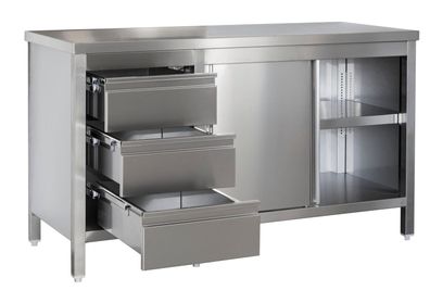 Gastronomie Hotel Küche Edelstahl Arbeitsschrank mit Schubladenblock links. Türen