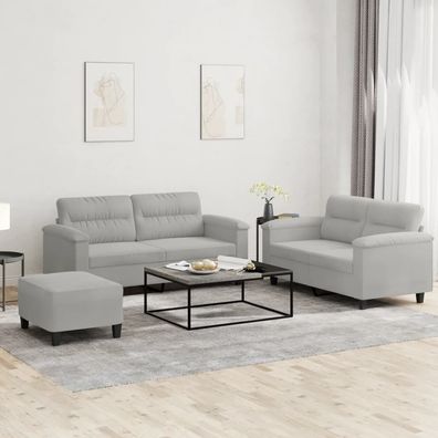 vidaXL 3-tlg. Sofagarnitur mit Kissen Hellgrau Mikrofasergewebe