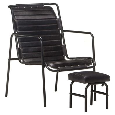 vidaXL Relaxsessel mit Fußhocker Schwarz Echtleder