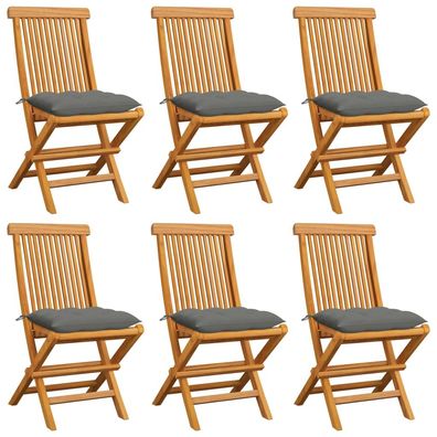 vidaXL Gartenstühle mit Grauen Kissen 6 Stk. Massivholz Teak