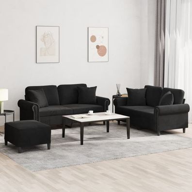 vidaXL 3-tlg. Sofagarnitur mit Kissen Schwarz Samt