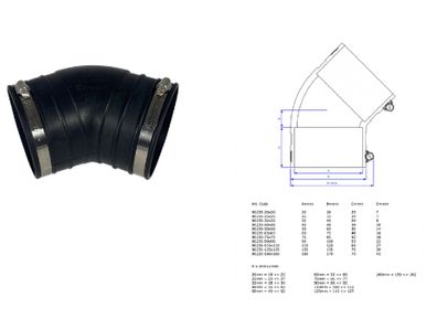 Air Aqua flexibler Gummi Bogen 45 Grad 50mm