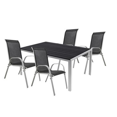 Gartengarnitur 5tlg Gartenmöbel Set Alu Non-Wood 150x90cm + 4 Stapelstühle