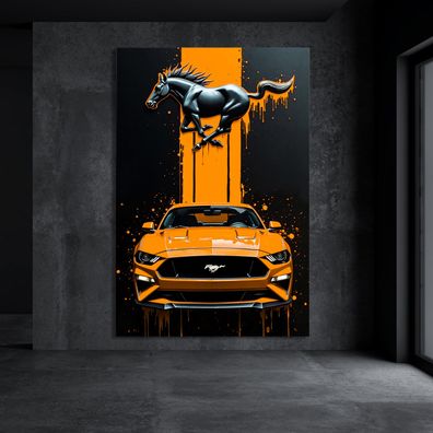 Ford Mustang Sportwagen Bunt - Auto Orange, Wandbild Leinwand, Acrylglas, Poster v7