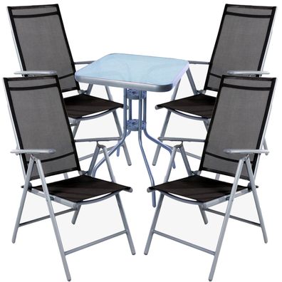 Mojawo® 5tlg. Bistrogarnitur Bistroset 60x60cm Glas/Alu/Metall Silber/Anthrazit