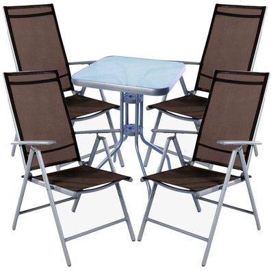 Mojawo® 5tlg. Bistrogarnitur 60x60cm Glas/Alu/Metall Silbergrau/Schokobraun