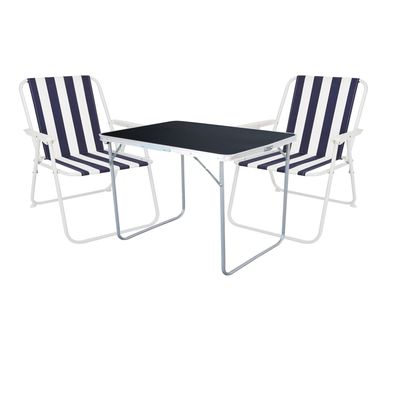 3-tlg Camping Set Campingtisch Schwarz + 2 x Campingstuhl Klappstuhl Blau-Weiß