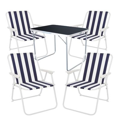 5-tlg Camping Set Campingtisch Schwarz + 4 x Campingstuhl Klappstuhl Blau-Weiß