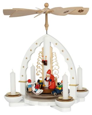 Richard Glaesser Pyramide Weihnachtsbescherung weiß f. Teelicht und Kerzen Erzgebirge