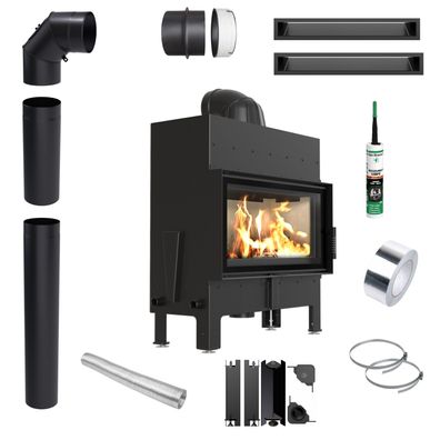 Kamineinsatz FLOKI L 12 kW Set für die Montage eines Abzugsrohrs mit Türfeder