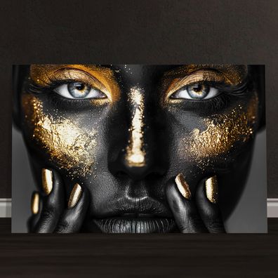 Frau mit goldenem Make-up, Wandbild Leinwand, Acrylglas oder Poster Deko Bild