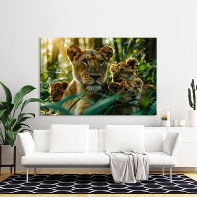 Die Löwenfamilie, Tier Liebe, Wandbild Leinwand, Acrylglas oder Poster Bild Deko