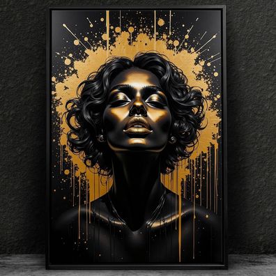 Abstrakte Frau in Schwarz und Gold Kunst, Wandbild Leinwand, Acrylglas, Poster Nr1