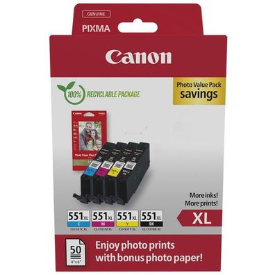 Original Canon CLI-551 XL / 6443B006 Tinten Sparset schwarz, cyan, magenta, gelb (4 S