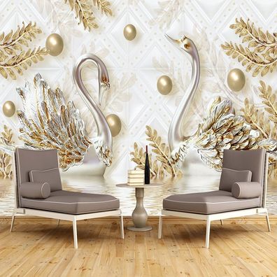 Vlies Fototapete Wandtapeten Wandbilder 3d Blattgold Schwan Wasserlinien 1011