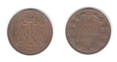 10 Penniä Kupfer Münze Finnland 1891 (113803)