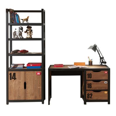 Beimöbel Set Kinderzimmer Kameko MDF+Massivholz Schwarz/Cognac