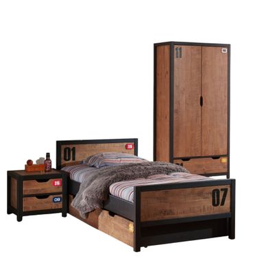 Kinderzimmer Set komplett Kameko 3 Massivholz+MDF Schwarz/Cognac