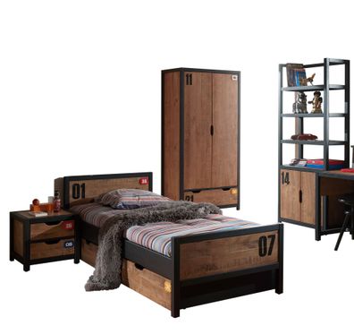 Kinderzimmer Set komplett Kameko 8 Massivholz+MDF Schwarz/Cognac
