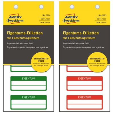 50x Eigentums-Etiketten mit 2 Feldern 50x20mm